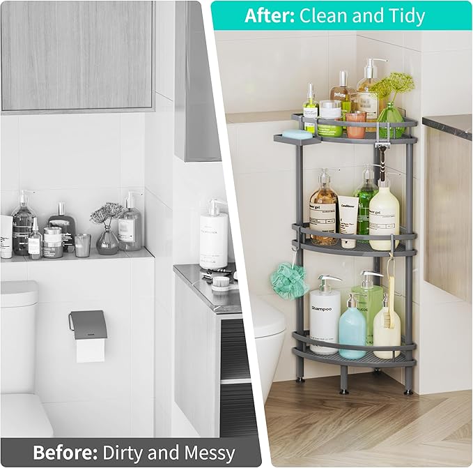 HapiRm apiRm Standing Corner Shower Caddy - 3 Tier Shower Organizer Corner with Soap Holder and 4 Hooks, Rustproof Bathroom Storage Shelves with Adhesives, Grey