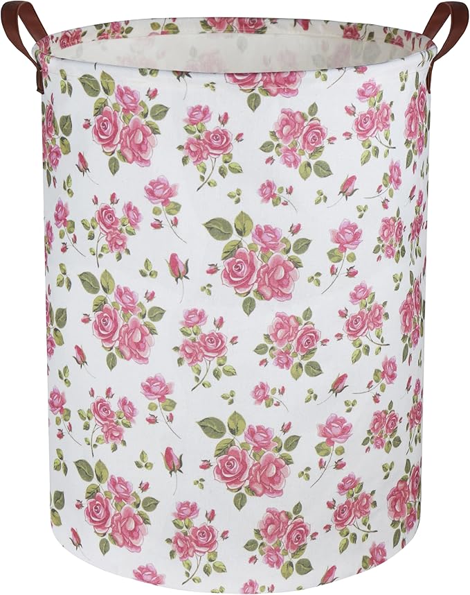 HIYAGON Roses Pink Laundry Basket Baby Girls Laundry Hamper Kids Toy Storage Bins Organizer Gift Basket Pink Rose Bedroom Decor Bathroom(Pink Rose)