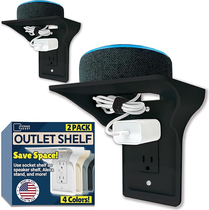 BeraTek Power Perch Wall Outlet Shelf | Declutter & Reclaim Counter Space | Bedroom & Bathroom Organizing Shelves | Alexa Echo Dot Holder, Router Shelf, Holds Electric Toothbrush | Black, 2-Pack