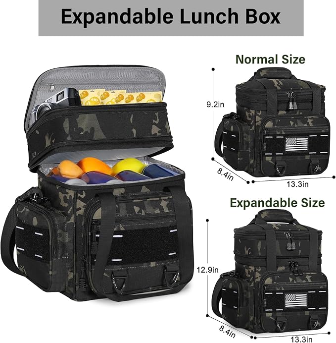 Expandable Tactical Lunch Box, XLarge Insulated Lunch Cooler Bag Heavy Duty Leakproof Lunch Pail for Men Adults Work Office Outdoor Picnic Trips,25L,Black-Camo