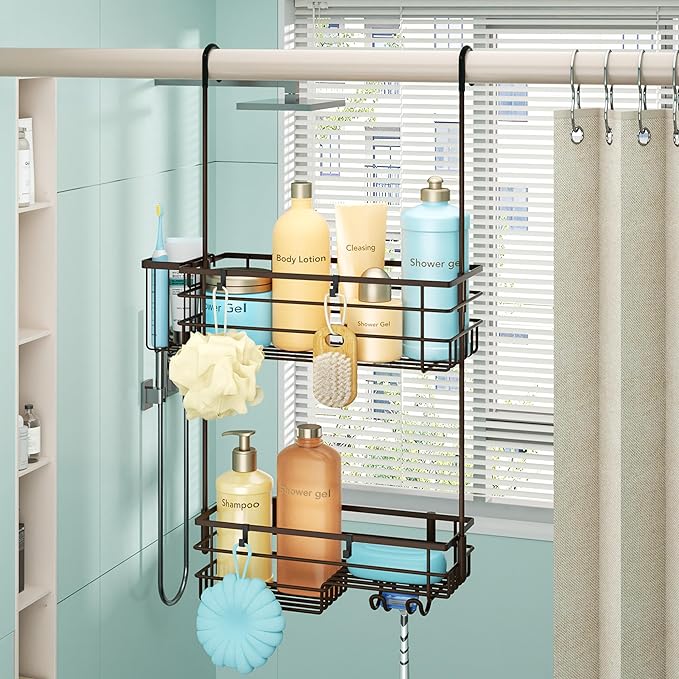 HapiRm Hanging Shower Caddy Organizer - No Drilling Shower Shelves with Hooks and Toothbrush Holder, Rustproof 304 Stainless Steel Bathroom Organizer - Bronze