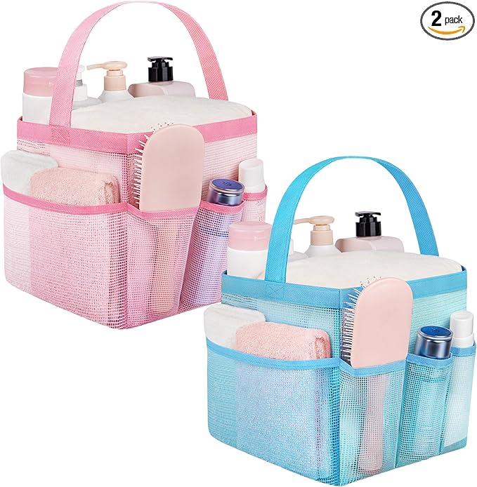 Attmu 2 Pack Mesh Shower Caddy Portable for College Dorm Room Essentials with 8 Pockets, Hanging Shower Caddy Dorm Basket, Quick Dry Shower Bag for Bathroom