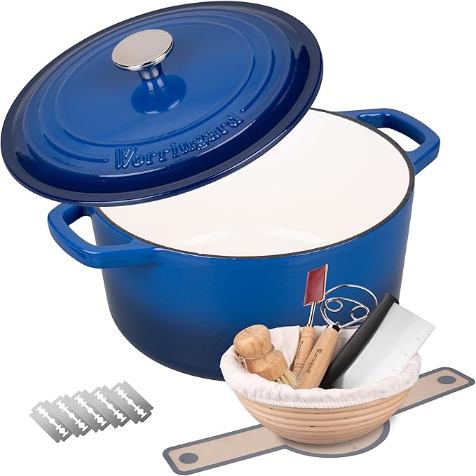 VORRINGARD Enameled Cast Iron Dutch Oven Pot with Lid, for Bread Baking, Round Bread Oven- include Sourdough Bread Baking Supplies Set, 4.5QT, Latte