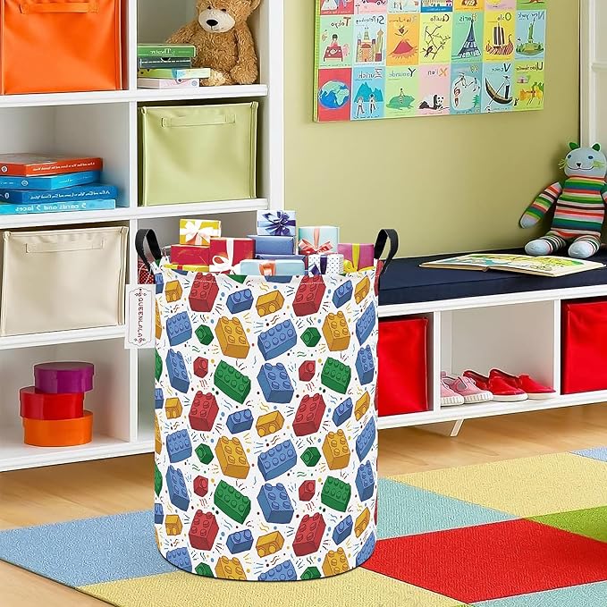 QUEENLALA Large Storage Basket,Laundry Hamper/Bathroom/Home Decor/Collapsible Round Storage Bin,Boys and Girls Hamper/Boxes/Clothing(Round-Blocks)