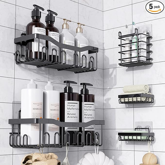 Shower Caddy 5 Pack Rustproof Stainless Steel Bath Organizers With Large Capacity, No Drilling Shelves, Adhesive Shower Caddy, for Bathroom Storage & Home Decor, SC02