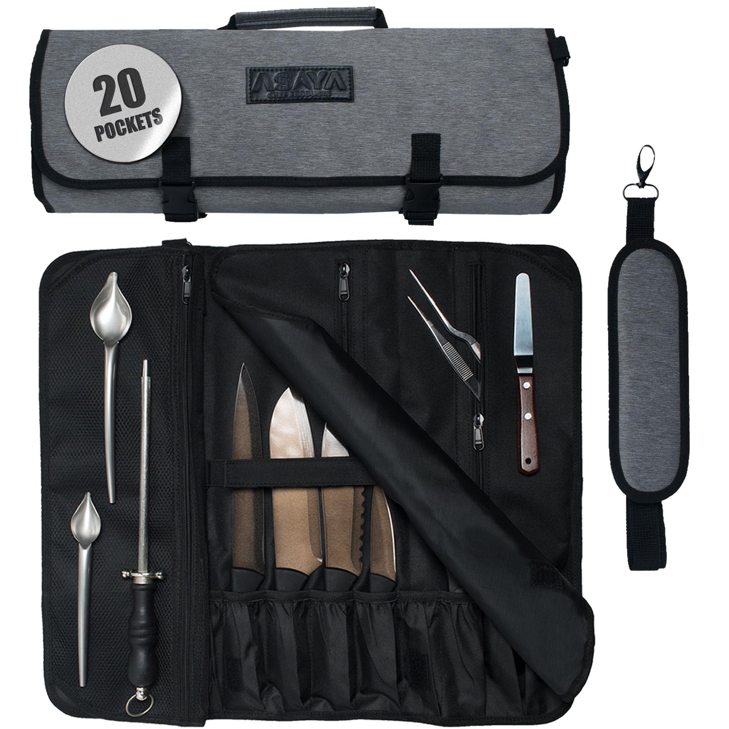 Asaya Waxed Nylon Chef Knife Roll Bag with 20 Slots and Zippered Pockets - Professional Chef Knife Bag & Storage Case, Tool Carrier with Shoulder Strap - Knives Not Included (Purple)