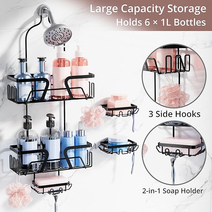 KEGII EXTRA Soap Holders x2 Shower Caddy Hanging, Never Rust Over Showerhead Organizer, Built in 9 Shaver Hanging hooks