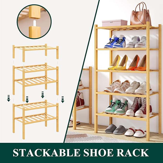 Smiry Shoe Rack, 2 Tier Small Bamboo Shoe Organizer, Stackable Free Standing Wooden Shoe Storage Shelf for Closet, Entryway, Front Door Entrance, Natural