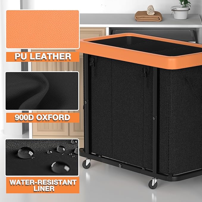 230L (60 Gal) Large Fashion Laundry Basket with Wheels, Leather Patchwork Laundry Sorter 3 Section, Sturdy Metal Frame, Removable Washable Bag, Tall Clothes Sorter for Bedroom - Black