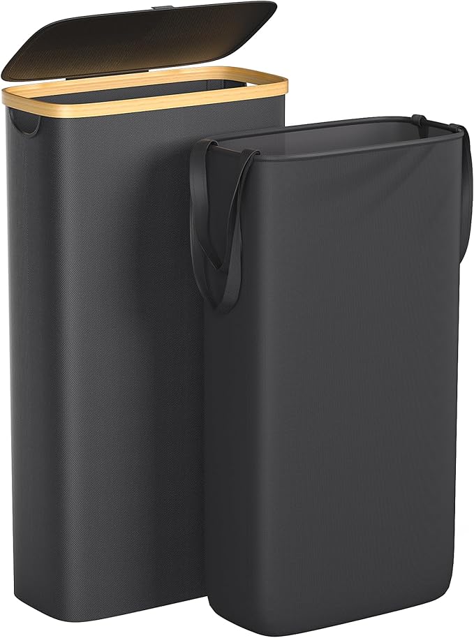 Slim Laundry Hamper, 60L Waterproof Narrow Laundry Basket with Lid and Removable Bag, Collapsible Tall Clothes Hamper with Bamboo Handles for Clothes Toys in Dorm Bedroom Bathroom, Black