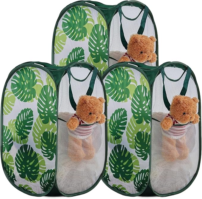 TECHMILLY Collapsible Mesh Pop Up Laundry Hamper with Sturdy Handles and Side Pocket - Portable Foldable Clothes Baskets for Dorm, Bathroom & Travel Storage (Green Leaf, 3 Packs)