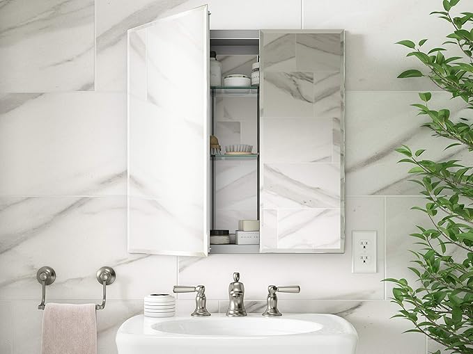 Kohler CB-CLC2526FS Bathroom Medicine Cabinet with Mirror, Beveled Mirror Doors, Adjustable Shelves, Rectangular Beveled Edge, 25 in. W x 26 in. H