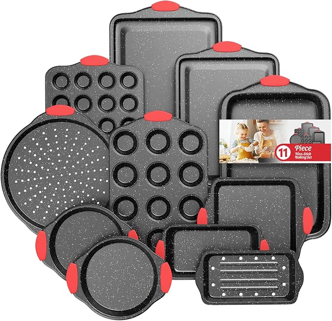 11-Piece Kitchen Nonstick Stackable Bakeware Set, Baking Pans Set, White