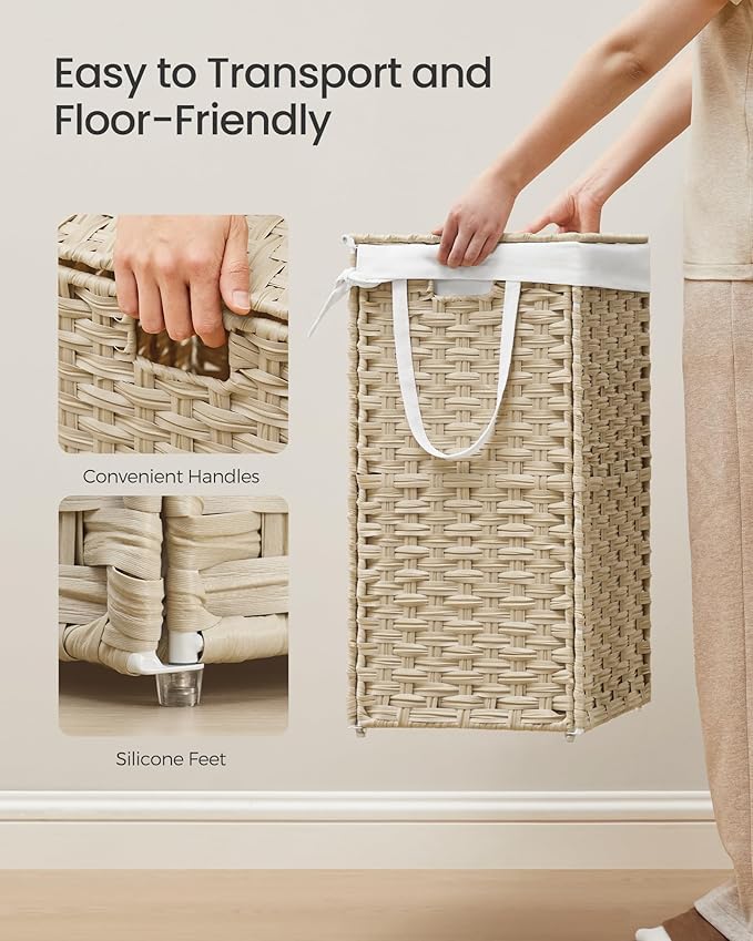 SONGMICS Laundry Hamper with Lid, 23.8 Gallon (90L) Synthetic Rattan Clothes Laundry Basket with Lid and Handles, Foldable, Removable Liner, Summer Sand ULCB051LZ01