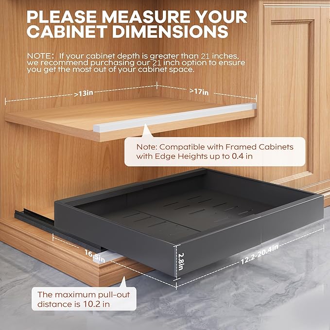 2 Pack Expandable Pull Out Cabinet Organizer 16.5"Deep With Raising Pad for Framed Cabinets,Upgrade 3 Slide Rails Slide Out Drawers,No Drill Roll Out Shelves,Adjustable Width 12.2"-20.4"Black