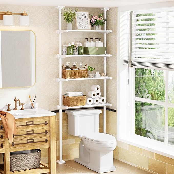 Bonpally Over The Toilet Storage Shelf, 4-Tier Adjustable Bathroom Organizer, No Drill Tension Mounted Shelves Metal, Space-Saving Bathroom Cabinet Rack Above Toilet for Small Bathroom Rooms, White
