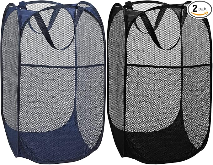BATTOO Deluxe Strong Mesh Pop up Laundry Hamper Basket with Side Pocket Foldable Hamper for Laundry Room, Bathroom, Kids Room, College Dorm or Travel Navy + Black