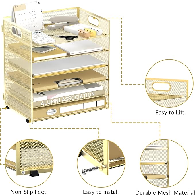 Daltack 6 Tier Paper Organizer for Desk, Paper Letter Tray Organizer for Desks, Mesh Desk File Organizers with Handle for Office, Home, School, Gold