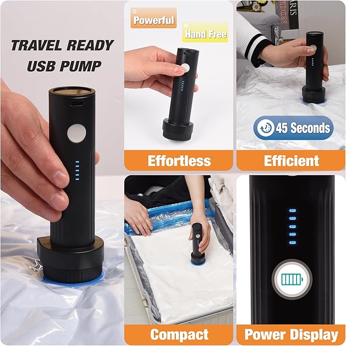 Travel Vacuum Storage Bags with Rechargeable USB Air Pump, Space Saver Vacuum Seal Bags for Luggage, Sealer Compression for Clothes, Comforters, Blankets, Bedding, 25 Combo
