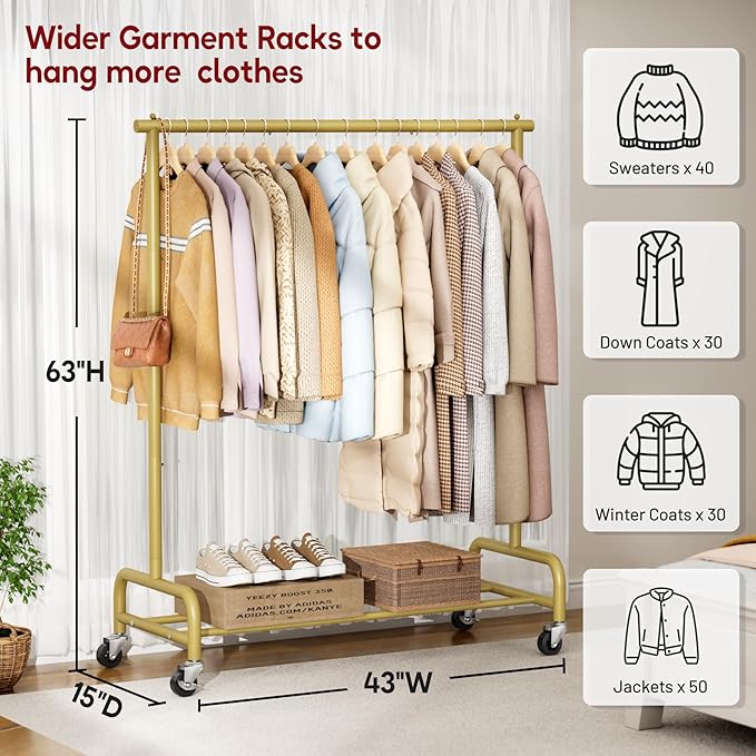 SLEEPING LAMB Heavy Duty Clothes Racks for Hanging Clothing Rack, 43" Wide Rolling Garment Rack Metal Wardrobe Rack with Wheels Closet Hanger Rack for Coats, Shirts, Dress (Gold)