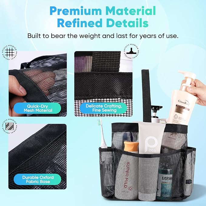 EUDELE Mesh Shower Caddy Portable for College Dorm Room Essentials, 8-Pocket Large Capacity Shower Bag for Beach, Swimming, Gym Pack