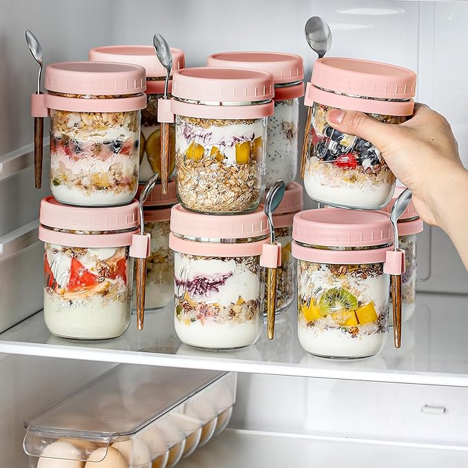 6 Pack Overnight Oats Containers with Lids and Spoons, 16 oz Glass Mason Overnight Oats Jars, Large Capacity Airtight Jars for Milk, Cereal, Fruit(Pink)