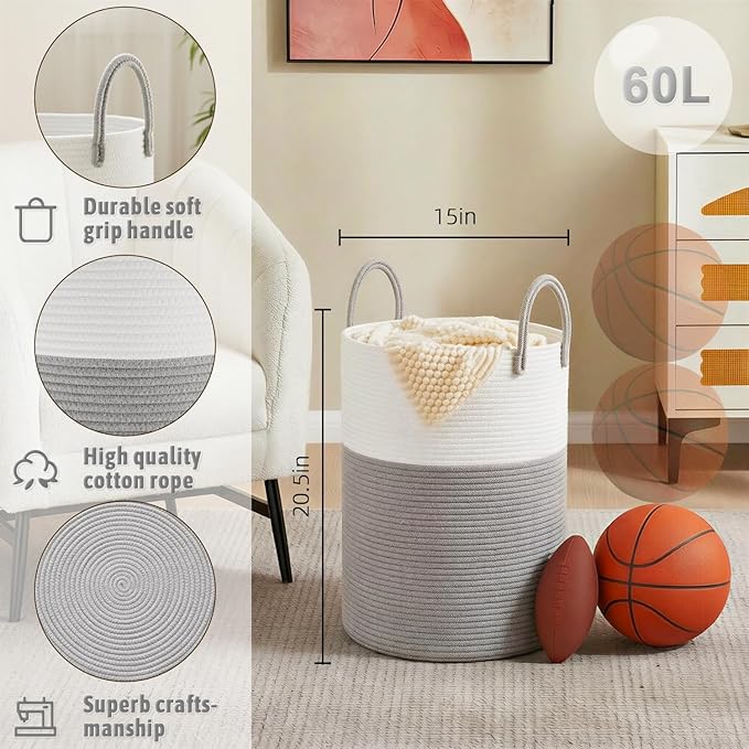 Laundry Basket,Woven Cotton Rope Laundry Hamper,60L for Decorative Storage of Dirty Clothes,Toys and Blankets in Bathroom,Baby Room and Living Room