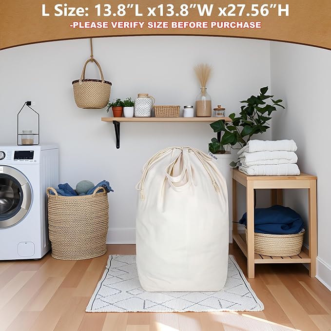 Canvas Laundry Bags with Handles & Square Base 13.8"Lx13.8"Wx27.6"H, Large Heavy Duty Laundry Hamper Bag, College Dorm Washable Drawstring Canvas Dirty Clothes Sack (Beige,1 Pack)