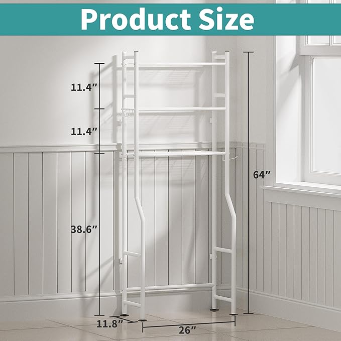 3-Tier Over The Toilet Storage with Paper Holder, Metal Bathroom Organizers and Storage for Small Space, Freestanding Bathroom Shelves with 4 Hooks, Above The Toilet Storage Shelf (White)