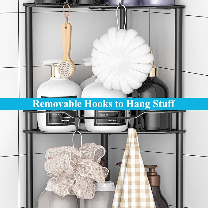 4 Tier Floor Standing Corner Shower Caddy Organizer Shelf with Hooks, Bathroom Shelves Stand Rack, Matt Black