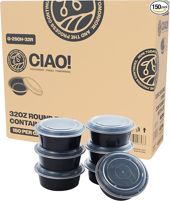 CIAO! Heavy Weight 38oz Injection Molded Microwavable Black Round Food Container with Lid (150/case)