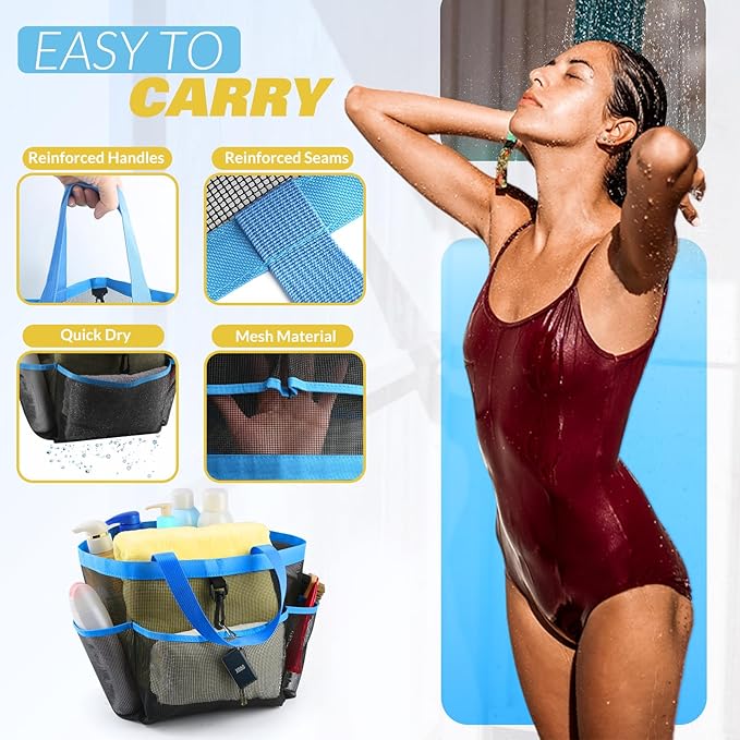 Mesh Shower Caddy Portable for College Dorm Room Essentials with 8 Pockets, Shower Bag for Beach, Swimming, Gym, Travel, Bathroom(Blue)
