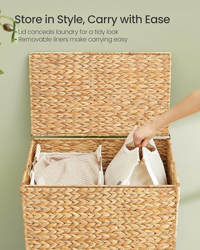 SONGMICS Laundry Hamper 2 Sections, 34.3 Gal. (130 L) Handwoven Water Hyacinth Wicker Laundry Basket with Lid, Natural Material, Removable Machine Washable Liners, Handles, Natural ULCB202Y01