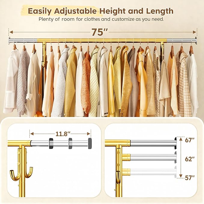 Raybee 75" W Heavy Duty Clothes Rack Load 450 LBS, Metal Garment Storage with Shelf, Lockable Wheels & Anti-Slip Stoppers, Rolling Clothing Rack for Bedroom Laundry Room, Gold