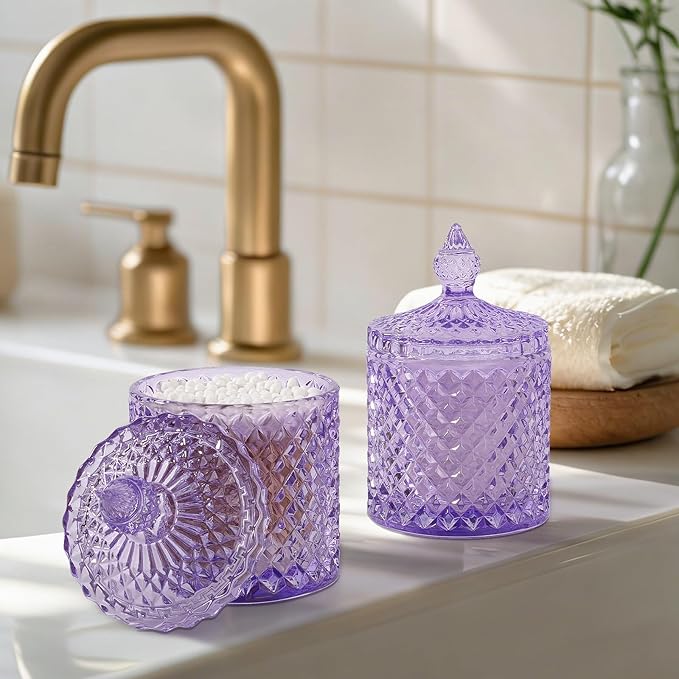 2 Pack Qtip Holder Thick Glass Apothecary Jars with Lid for Bathroom Decor Storage Organizer for Cotton Swabs, Balls, Pads, Floss Picks, Candy, Jewelry, Purple