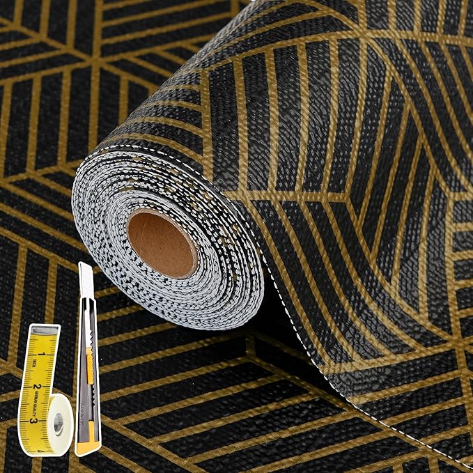 Shelf Liners for Kitchen Cabinets 17in x 30FT, Non Adhesive Cabinet Liner Strong Non-Slip Black Gold Geometric Drawer Liner, Easy to Clean for Shelf, Cabinet with Knife and Tape Measure