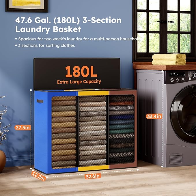 SOLEDI 180L Laundry Hamper 3 Section, Extra Large Laundry Hamper with Lid, Dirty Clothes Hamper with Sturdy Handle, Large Laundry Basket Organizer for Laundry Room, Bedroom, Hampers for Laundry