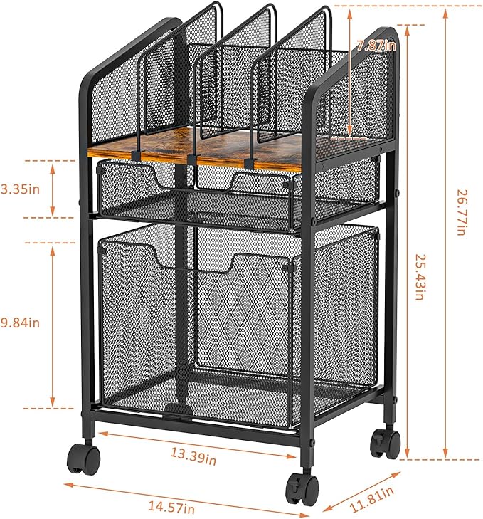 Rolling File Cabinet with Adjustable Dividers, Mobile Filing Cabinet with 2 Storage Drawers on Lockable Wheels, Hanging File Organizer Beside Under Desk for Office, Home（Patent Pending）