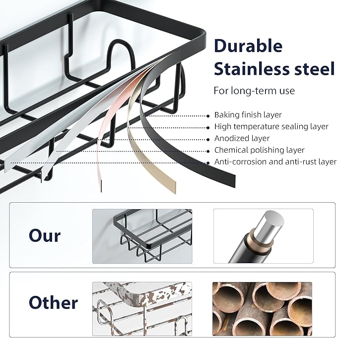 Shower Caddy Organizer with Hooks,Self Adhesive Bathroom Shelves,No Drilling Bathroom Organizers and Storage,Perfect for RV, Apartment, Home Decor,Black 4PCS