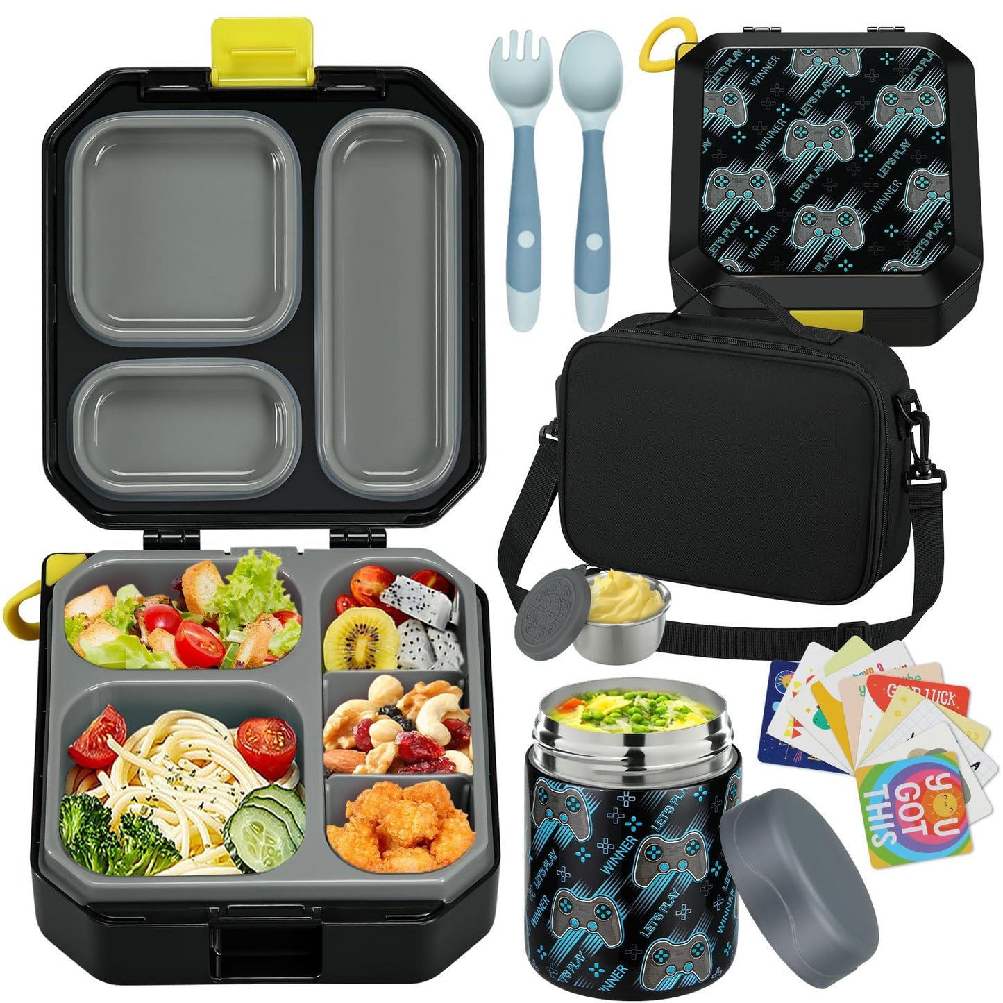 wiwens Bento Lunch Box for Kids with 12oz Soup Thermo Leak-Proof Lunch Food Container with 5 Compartment Thermo Hot Food Jar and Insulated Lunch Bag for Kid Toddler Girls Boys to School