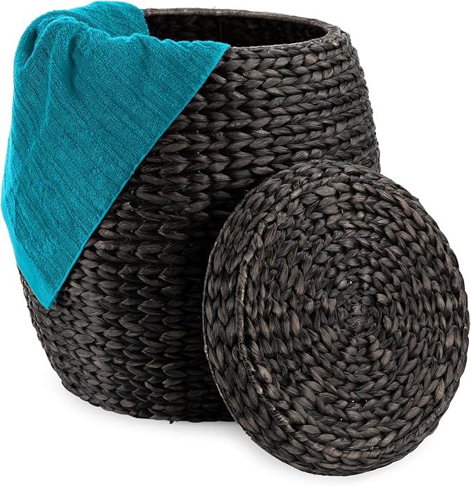 Best Choice Products Vintage Multipurpose Hyacinth Storage Basket, Plant Décor, Handwoven Organizer Tote for Bedroom, Living Room, Bathroom, w/Lid - Black