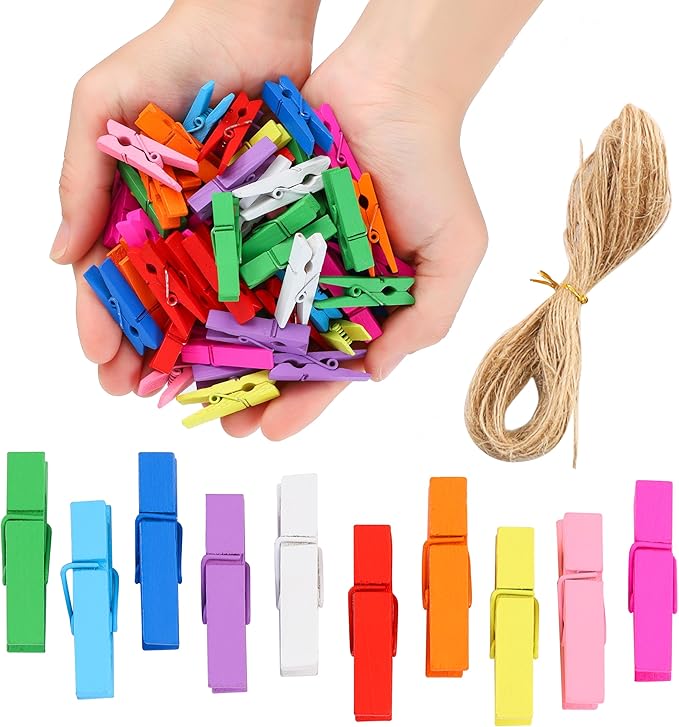 Mini Clothespins for Photos,100pcs Clothes Pins Wooden,Colorful Clothespins with Jute Twine, Small Clothes Pins Tiny Clothespins for Photos, Crafts, Pictures