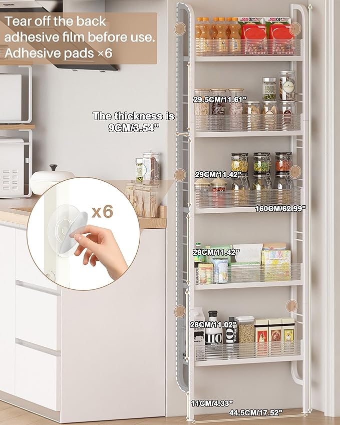 UMDONX Behind The Door Bathroom Shelf Narrow 5-Tier, Slim Space-Saving Storage Shelf, Freestanding Narrow Shelving Unit for Bathroom, Kitchen, Closet and Laundry Room