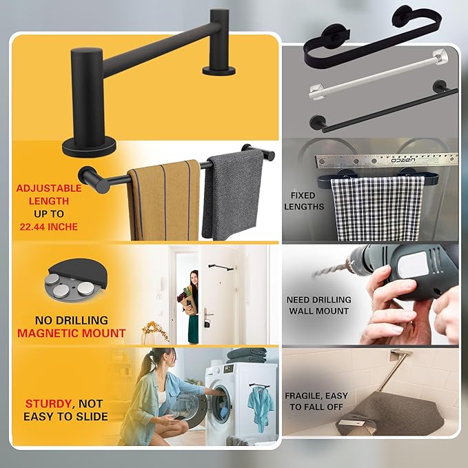 ULIBERMAGNET Magnetic Towel Holder, 1 Set Magnetic Towel Bar Holder with Adjustable Length, Matte Black Non-Slip Magnetic Towel Rod Rack for Refrigerator, Dishwasher, Laundry, Kitchen Stove