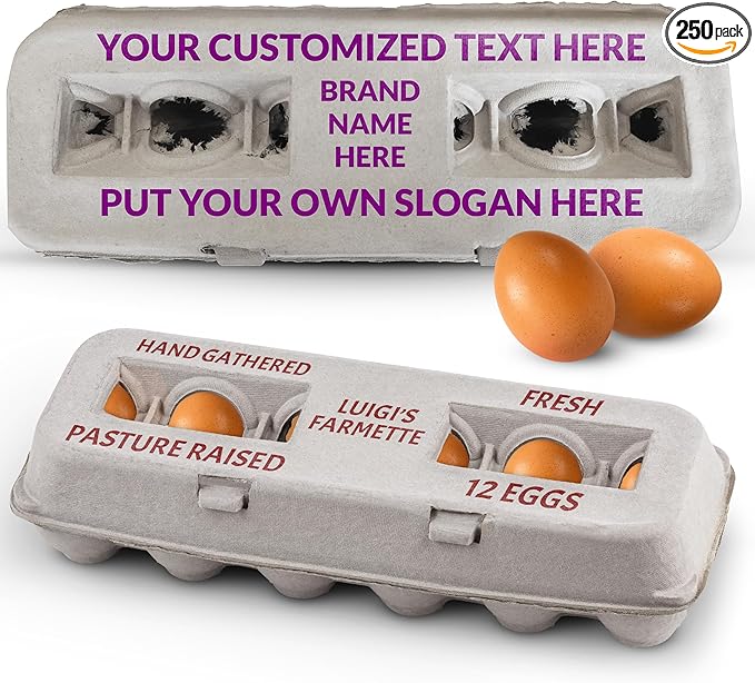 MT Products Custom Printed Egg Cartons 1 Dozen - Natural Pulp Personalized Egg Container (Pack of 250) - Made in USA