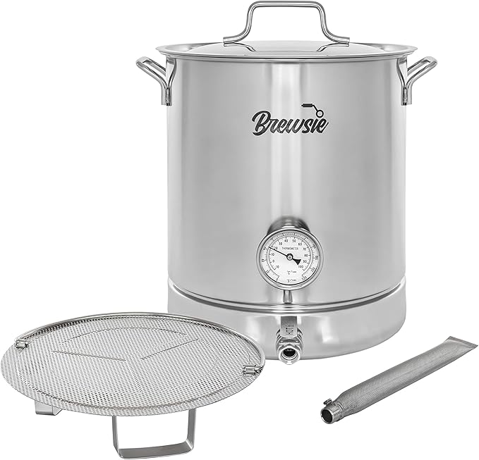 BREWSIE Stainless Steel Home Brew Kettle w/Dual Filtration. Equip with False Bottom Thermometer and Ball Valve for Brewing (16 Gal/ 64 QT)…