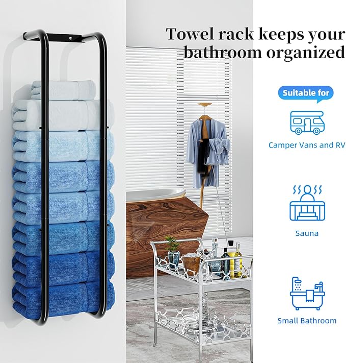 Simple Trending Towel Rack Wall Mounted, Towel Holder for 9 Large Towels, Bathroom Organizer, Black