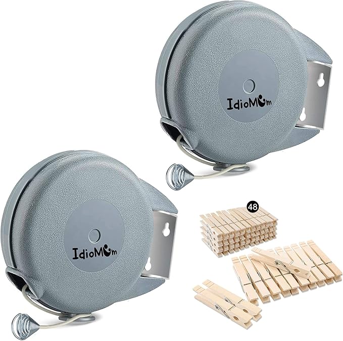 Pack of 2 Retractable Clothesline 40 Feet with 48 Clothes Pins | Heavy Duty Laundry Line Retractable | PVC Clothes line Retracting Indoor Outdoor Clothesline | Clothes Drying Line Wall Mount