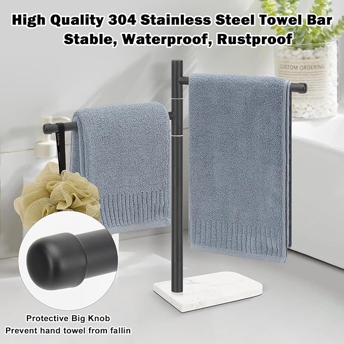 Standing Hand Towel Holder, Hand Towel Stand with Marble Base, 304 Stainless Steel Towel Rack with 2 Swivel Arm, Countertop Stand Towel Ring Towel Bar for Bathroom (Matte Black)