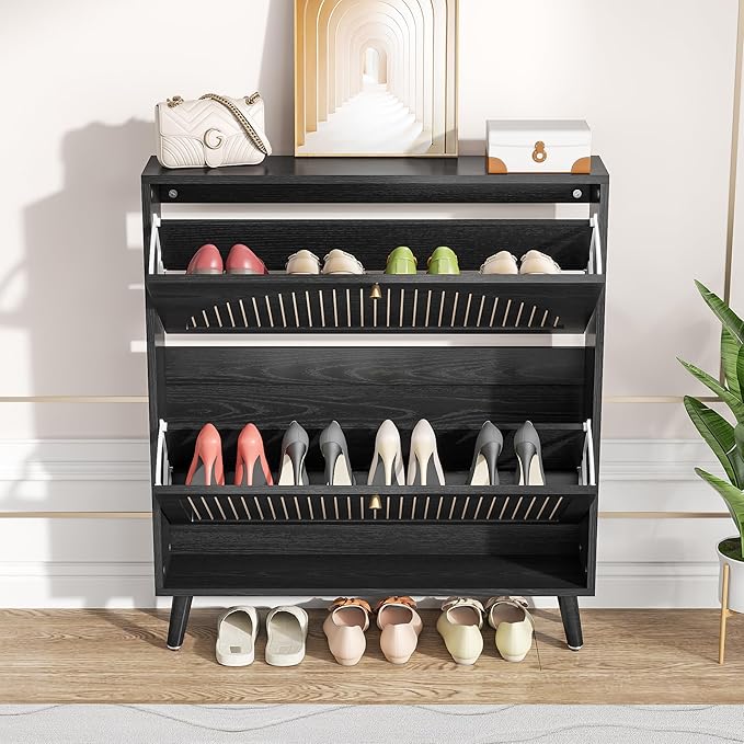 Shoe Storage Cabinet for Entryway with 2 Flip Drawers, Narrow Wood Shoe Cabinet with Fluted Panel, Freestanding Hidden Shoe Organizer for Foyer, Hallway (Black - No Shelf)